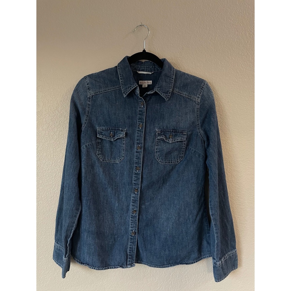 Merona Chambray Button Up Shirt 100% Cotton Long Sleeve Small